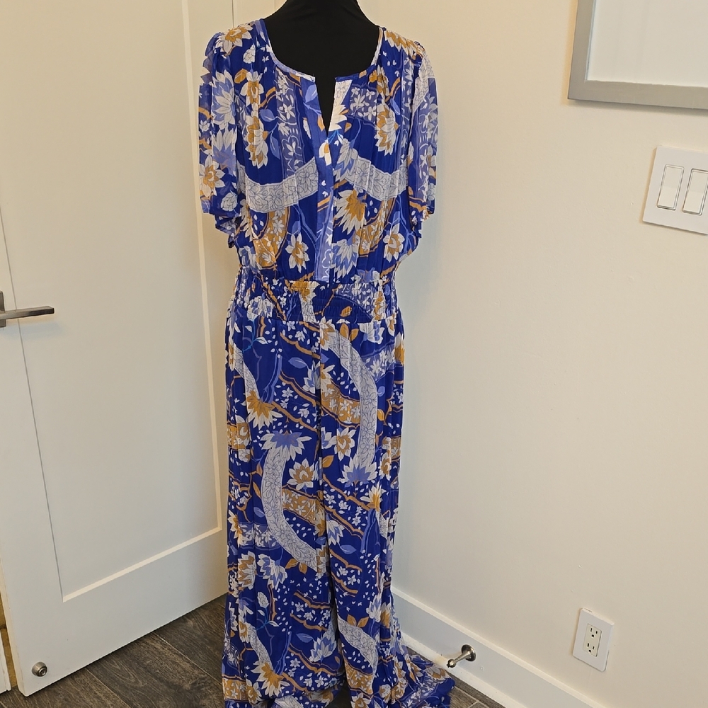 Anthropologie Blue and Yellow Wide Leg Jumpsuit